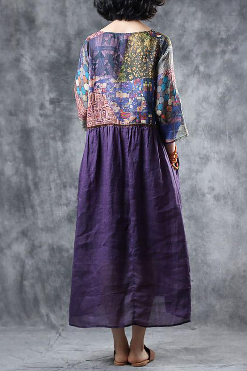 Linen Purple Half Sleeve V Neck Pattern Print Midi Dress