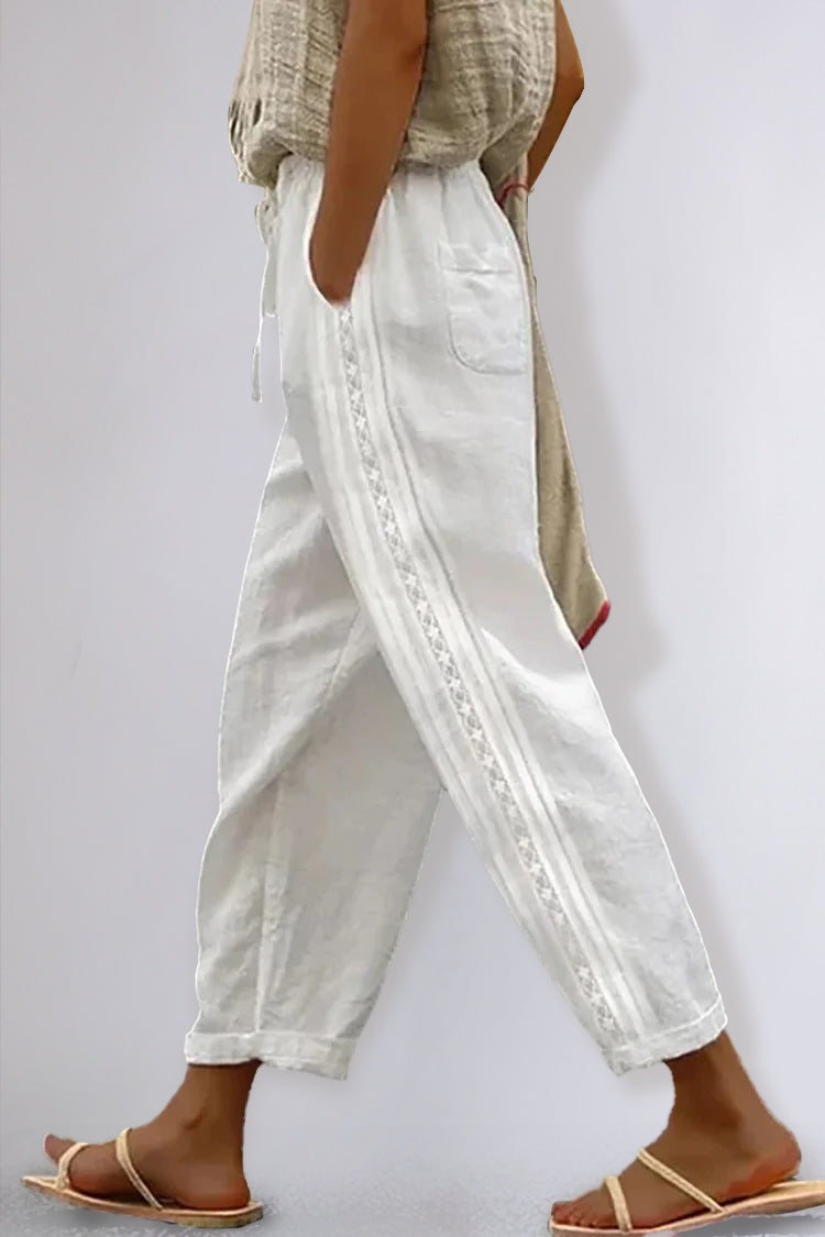 Patchwork Drawstring Pocket Linen Straight Leg Pants