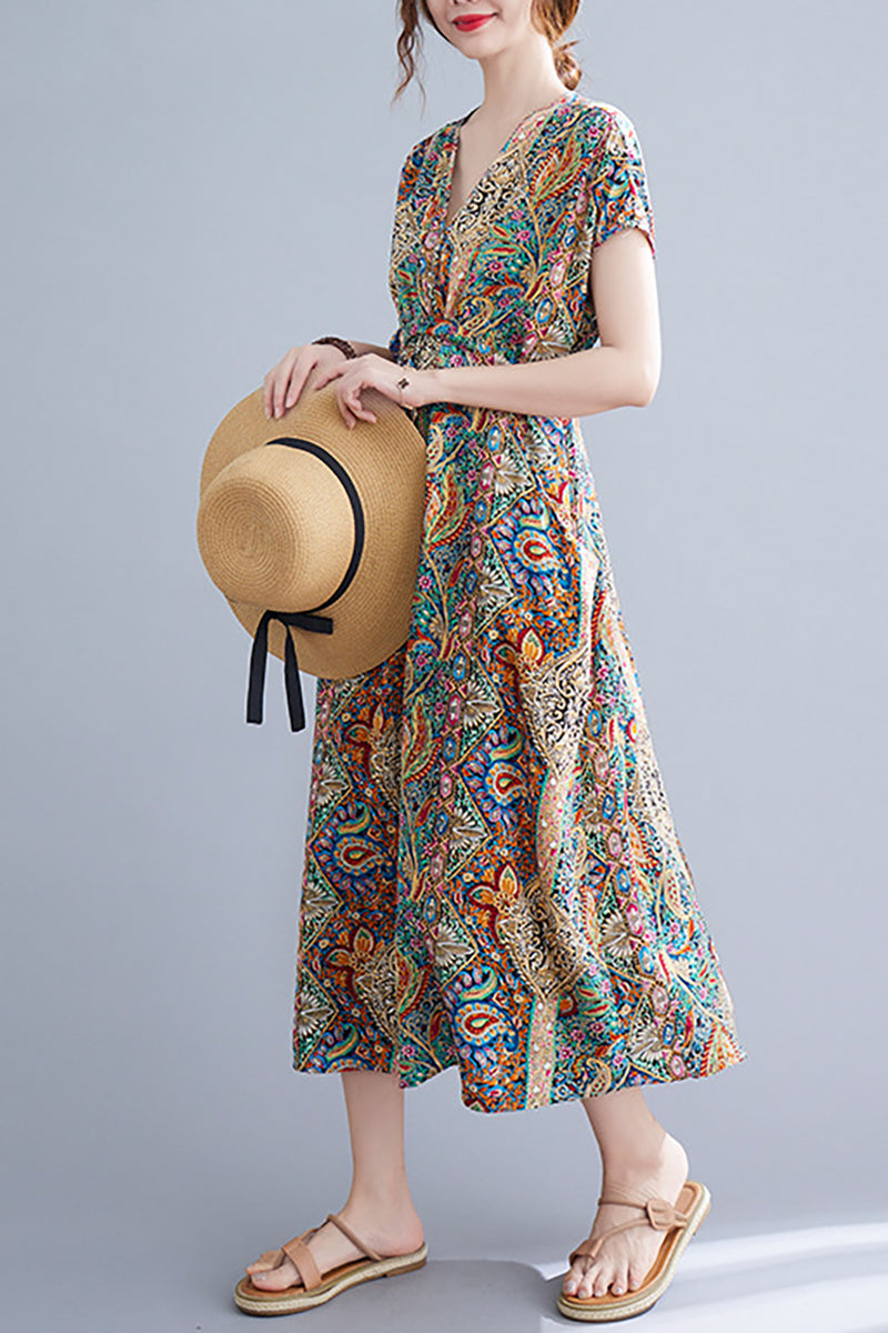 V Neck Short Sleeve Linen Print Midi Dress