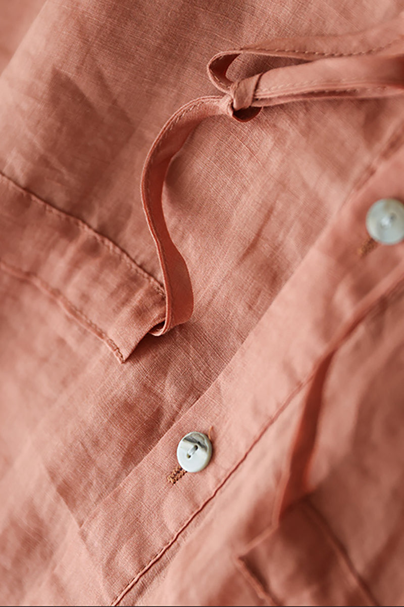 Half Sleeve Button Round Neck Drawstring Linen Top