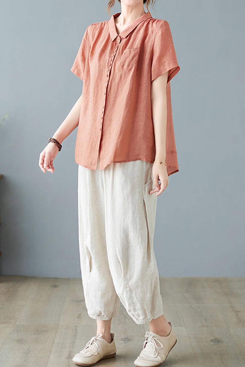 V Neck Short Sleeve Button Pocket Linen Blouse