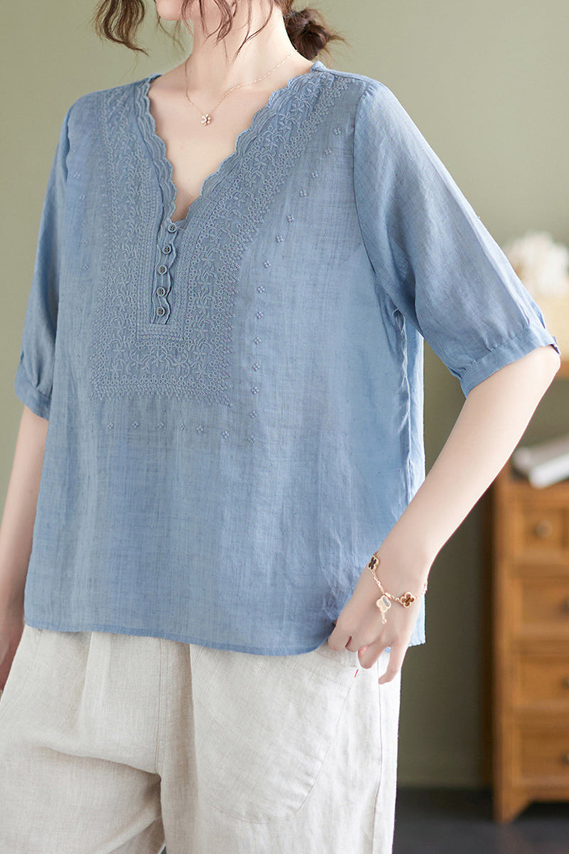 V Neck Embroidery Half Sleeve Linen Top