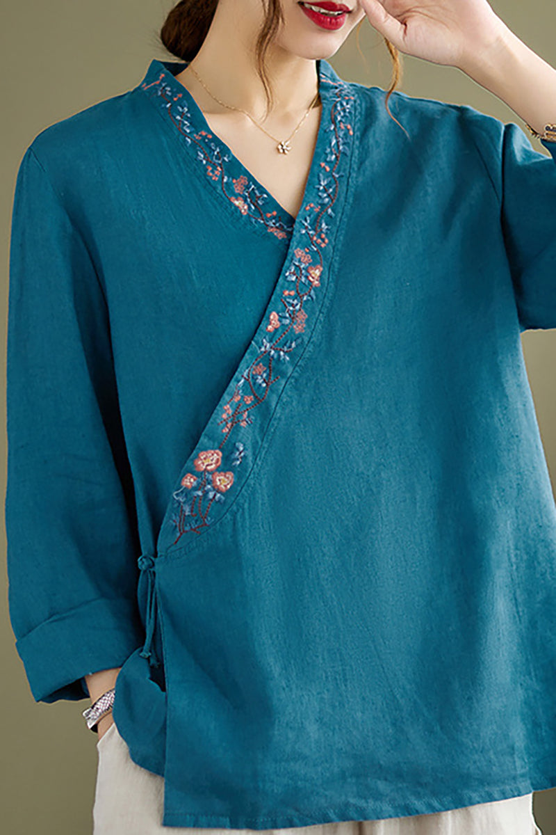 Long Sleeve Embroidered V Neck Linen Top