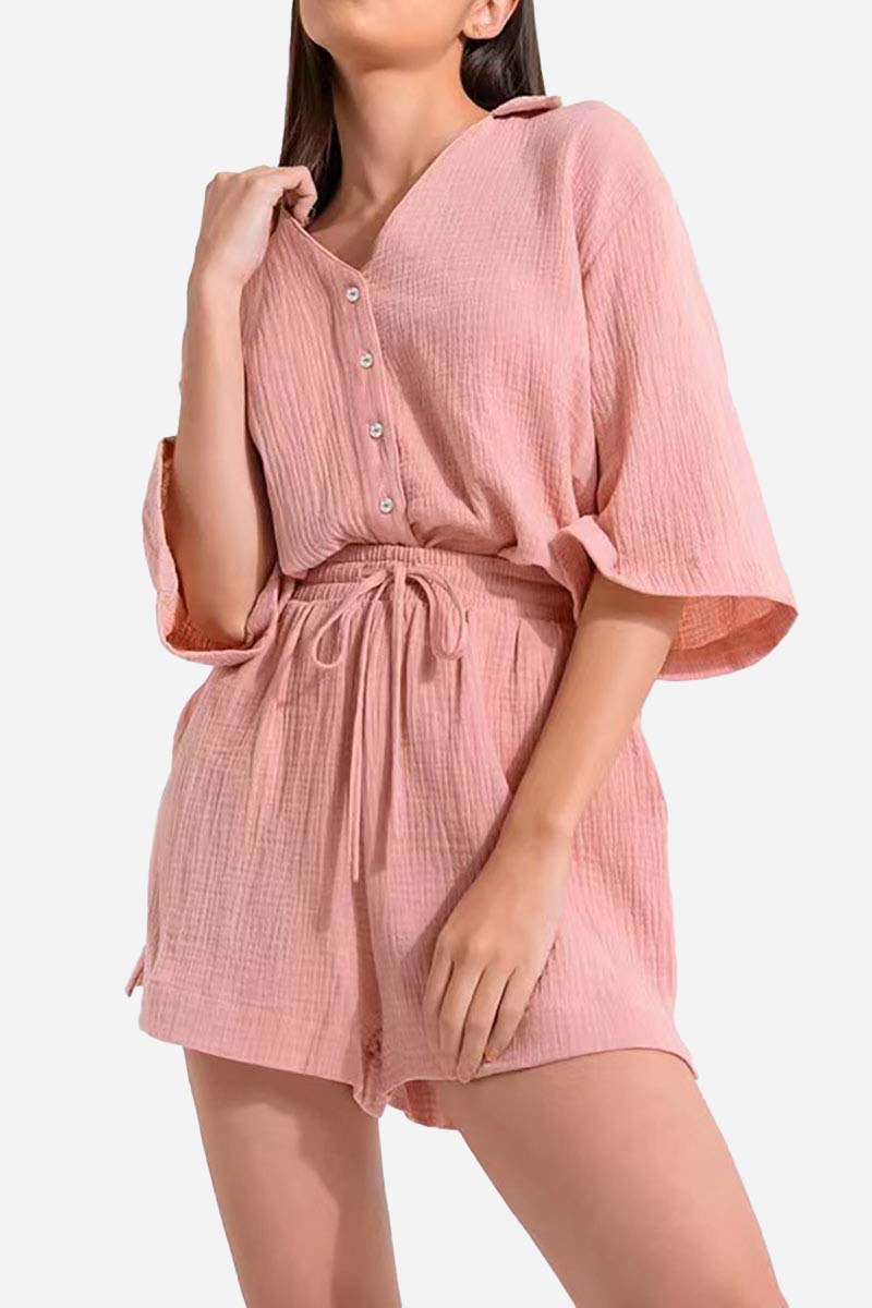 V Neck Button Half Flare Sleeve Top Drawstring Slit Pocket Shorts Pink Pleated Linen Casual Matching Set