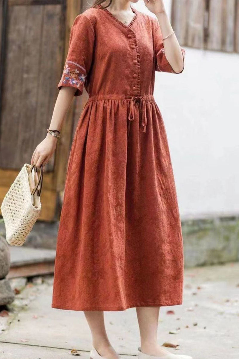 Linen V Neck Button Up Embroidery Short Sleeve Tie Up Ruched Wide Hem Casual Midi Dress