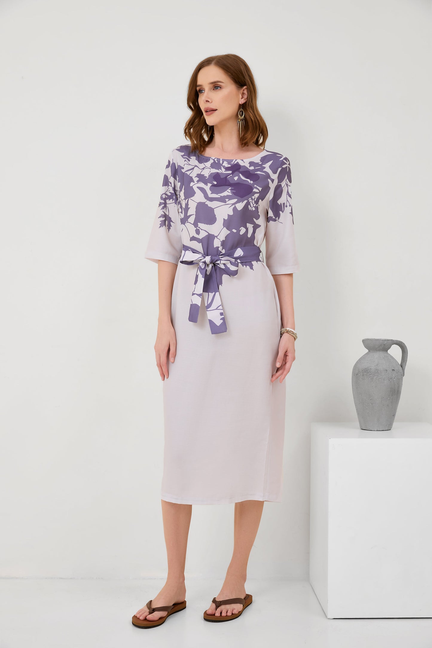 Cotton-Linen Floral Print Mid-Sleeve Dress