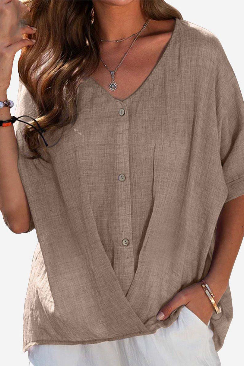 Half Rolled Sleeve Button Up V Neck Pleated Casual Linen Top