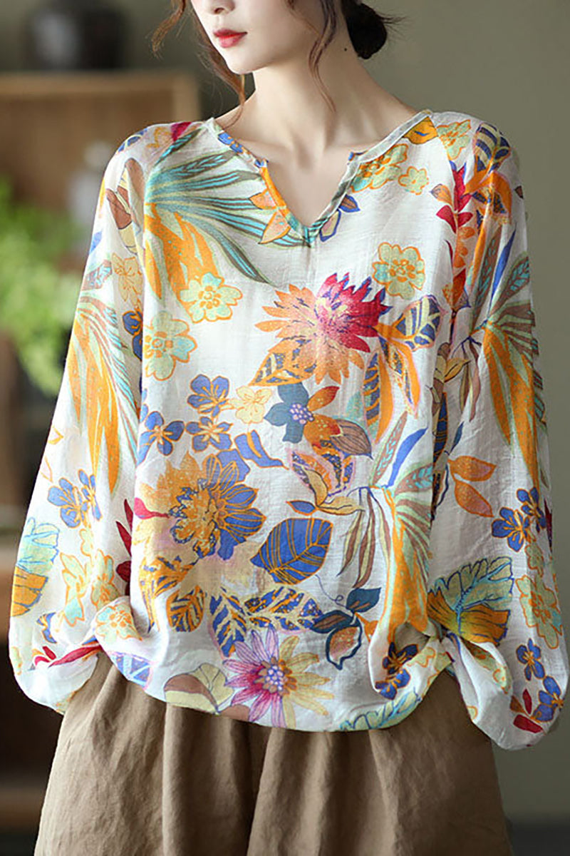Cotton Linen Beige Long Sleeve V Neck Floral Print Top