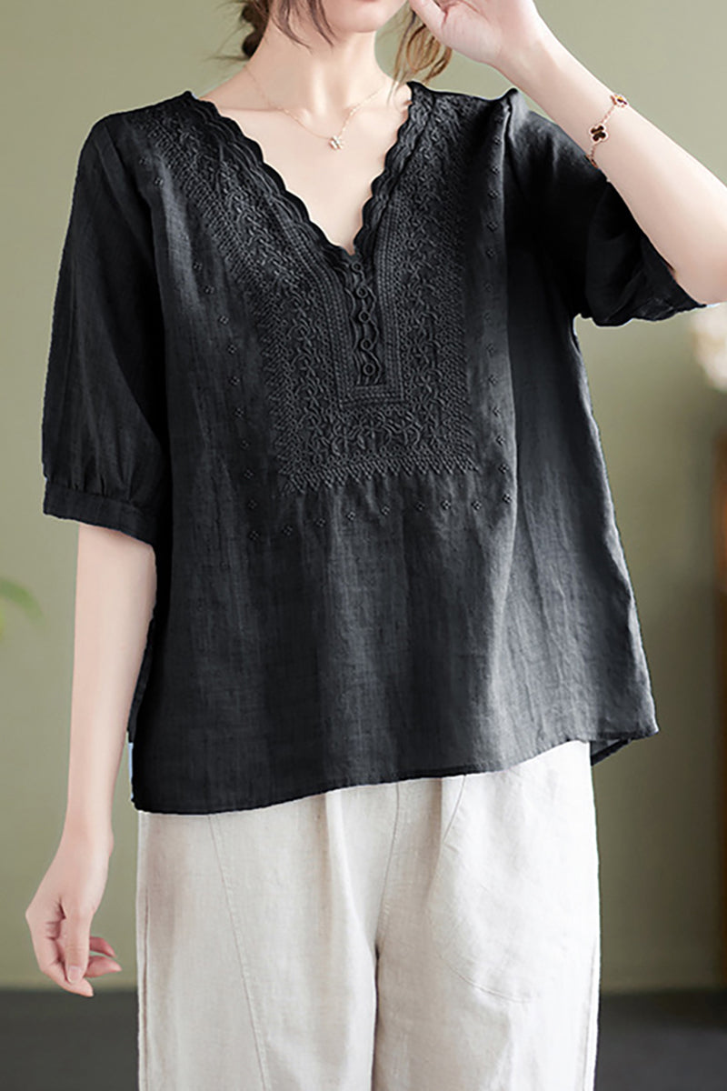 V Neck Embroidery Half Sleeve Linen Top