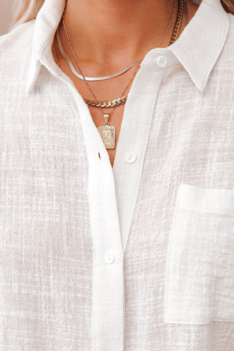 Button Pocket Short Sleeve Turndown Slit Linen Blouse