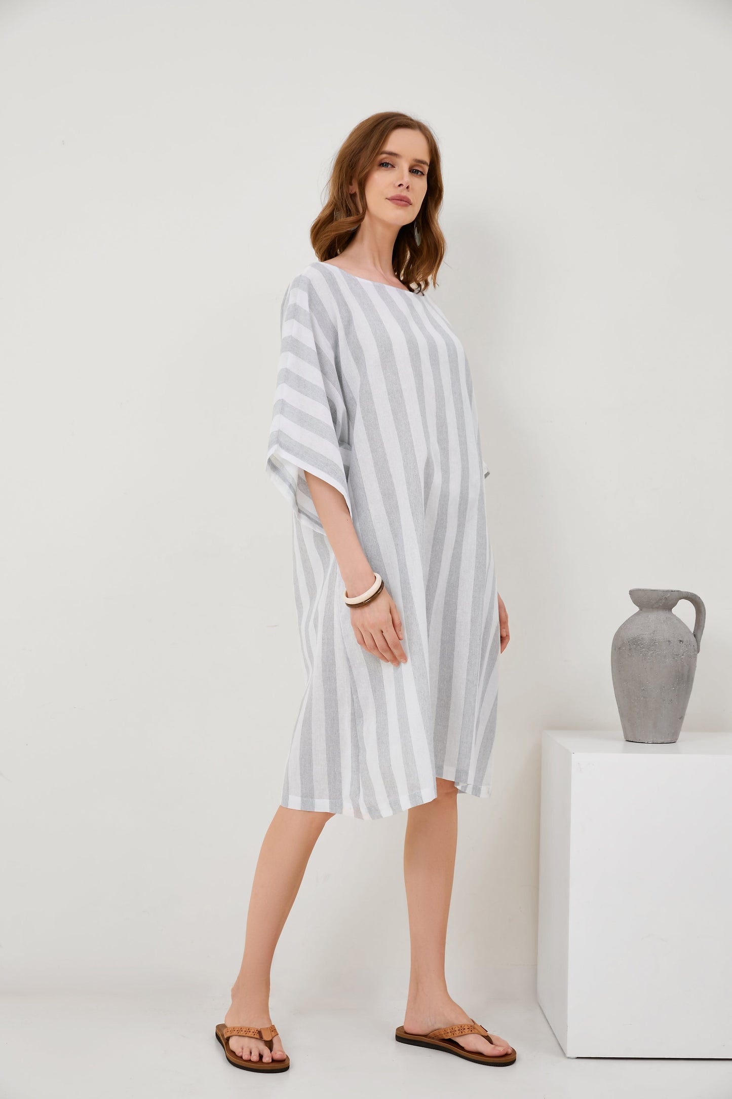 Cropped Sleeves Round Neck Cotton And Linen Comfort Dress
