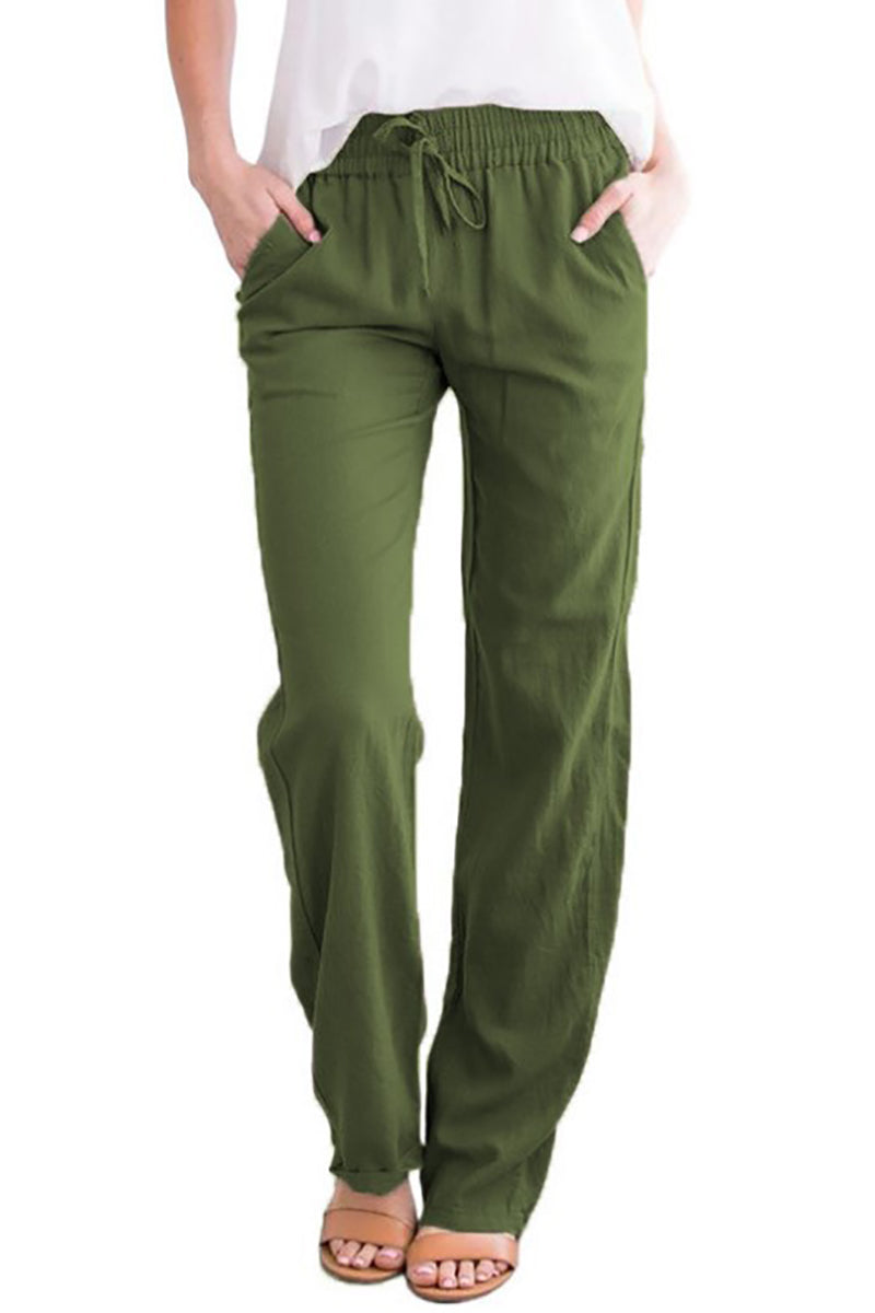 Linen Drawstring Waist Pocket Casual Straight Pants