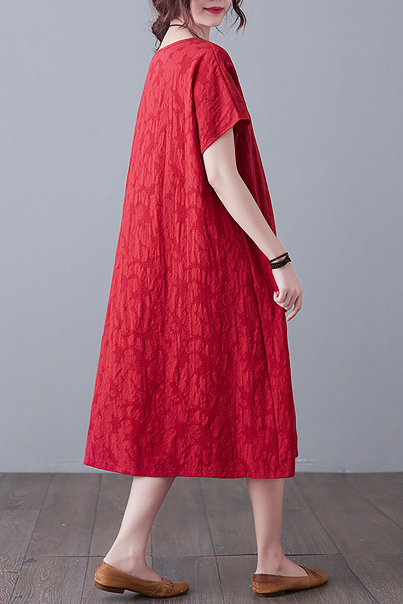Round Neck Short Sleeve Linen Midi Dress