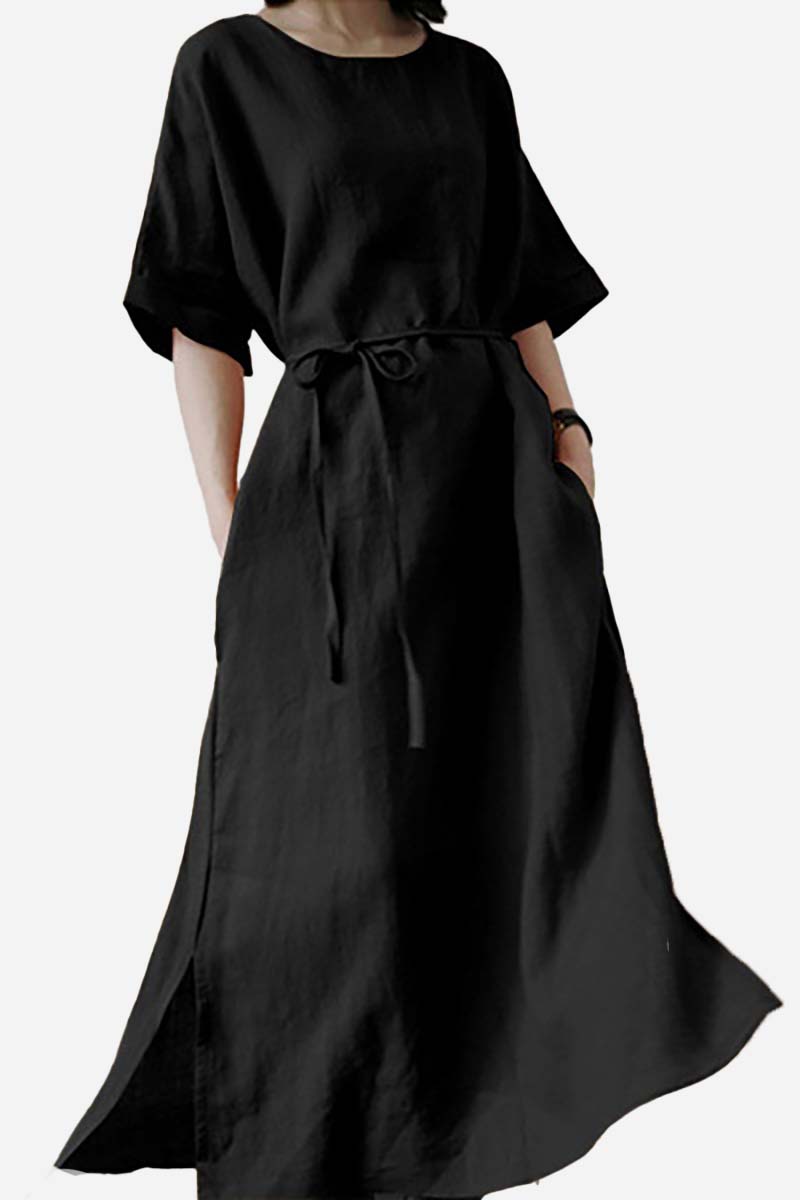 Round Neck Half Sleeve Slit Linen Midi Dress