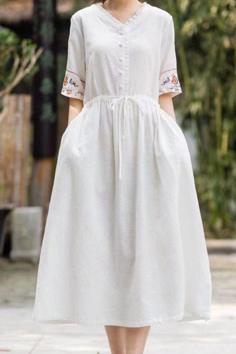 Linen V Neck Button Up Embroidery Short Sleeve Tie Up Ruched Wide Hem Casual Midi Dress