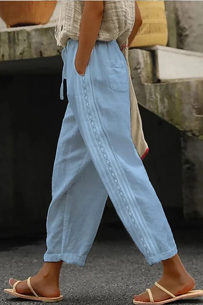 Patchwork Drawstring Pocket Linen Straight Leg Pants