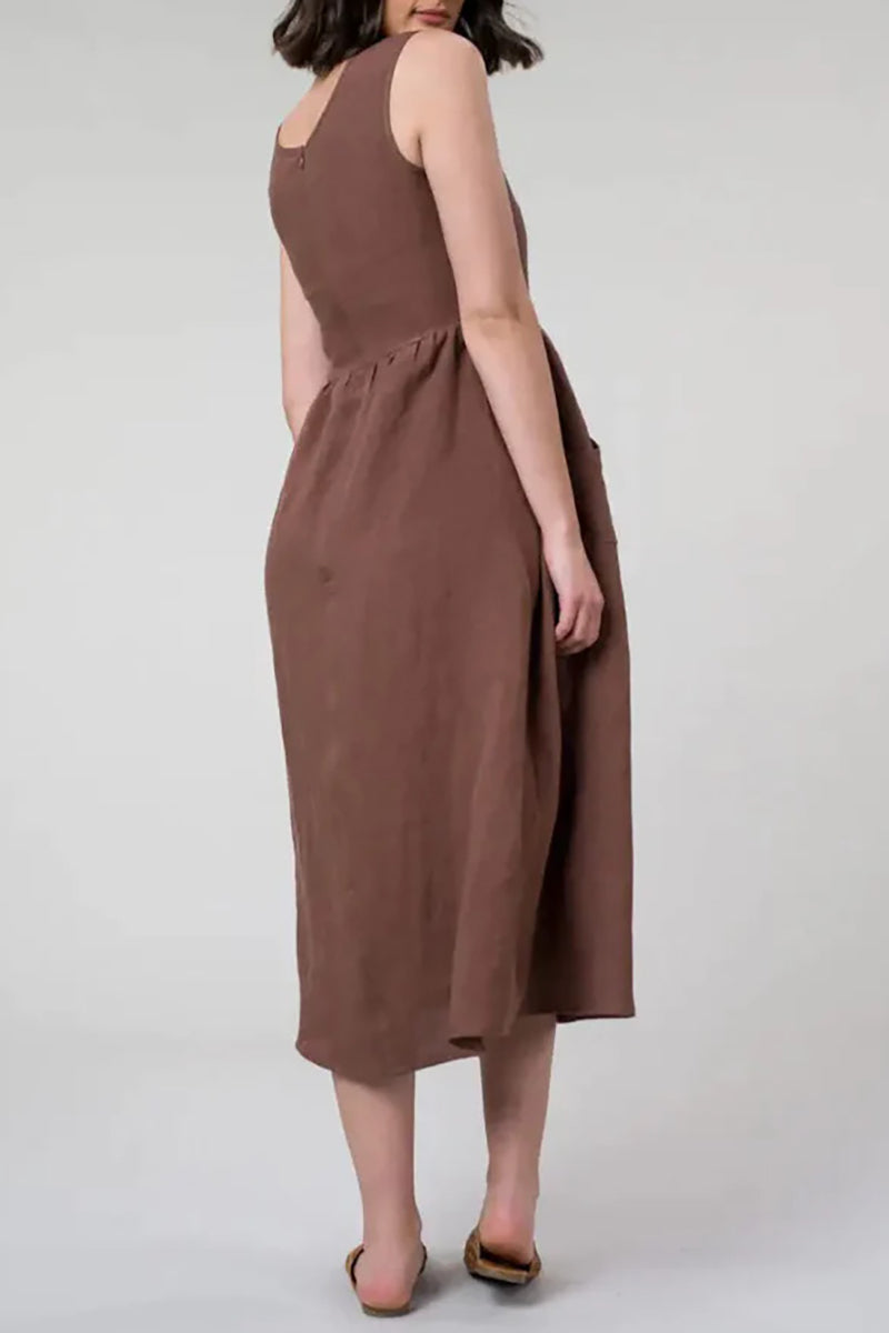 Linen Brown Pleated Pocket Midi Dress PRE-ORDER