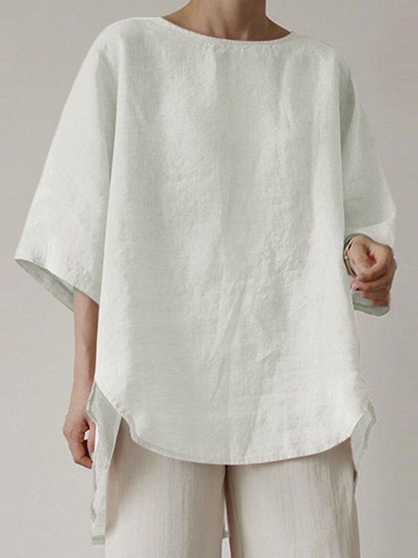 Cotton And Linen Solid Color Retro Round Neck Fashion Loose Top