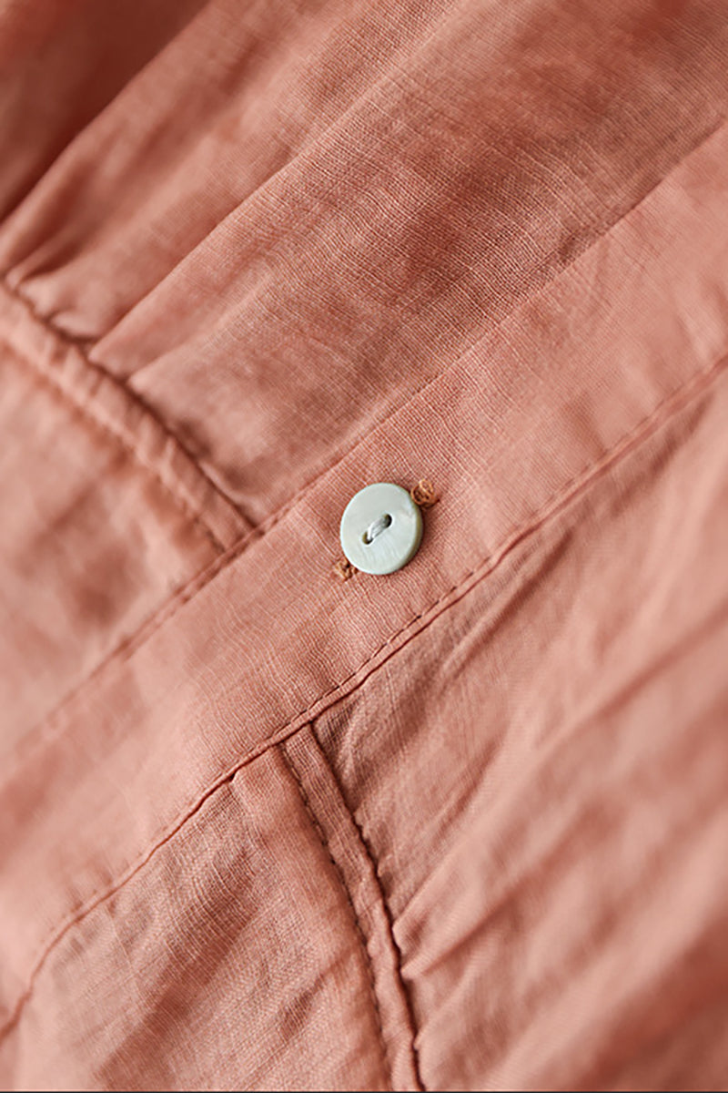 Half Sleeve Button Round Neck Drawstring Linen Top