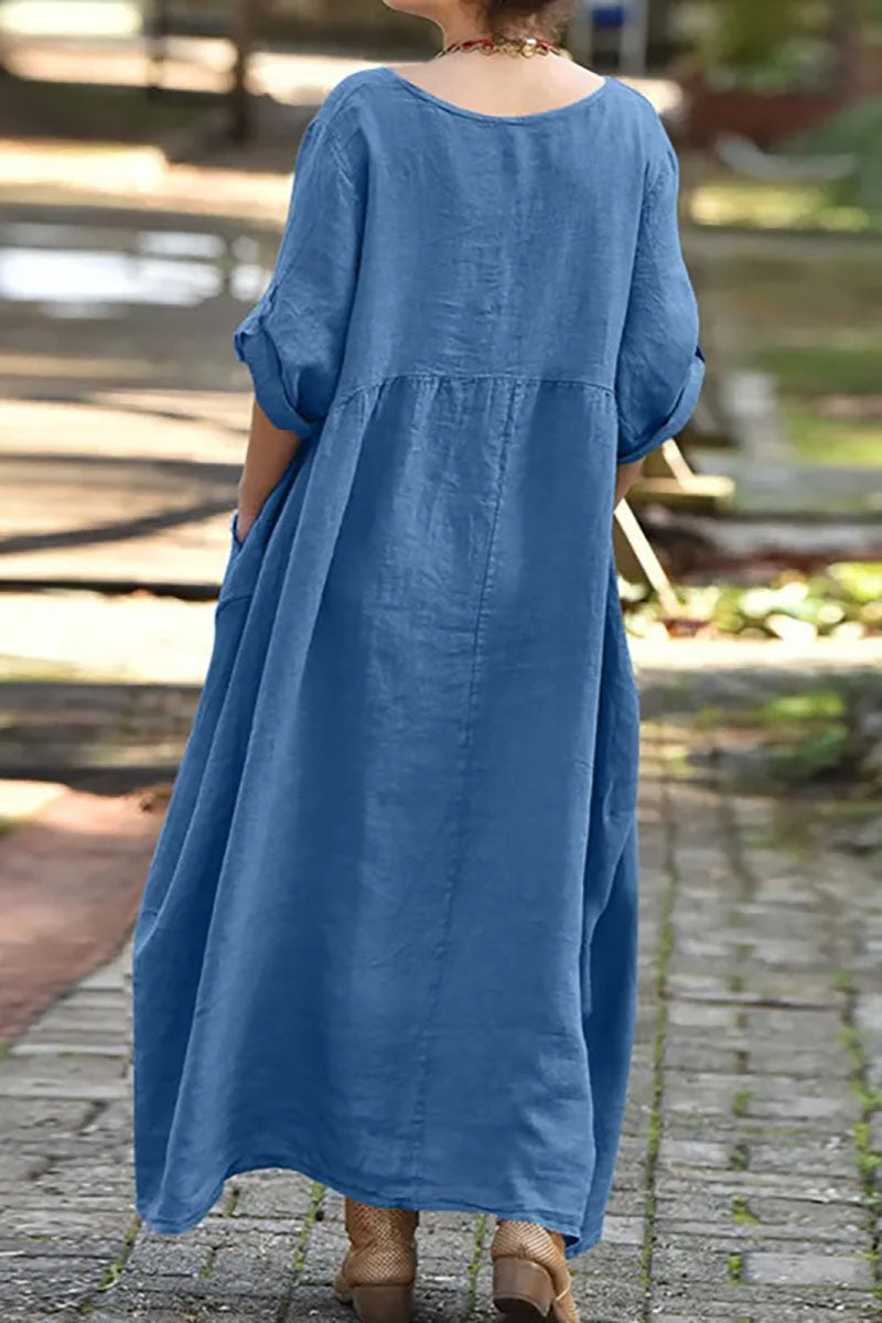 Roll Up Sleeve Irregular Neck Pocket Button Pleated Linen Maxi Dress