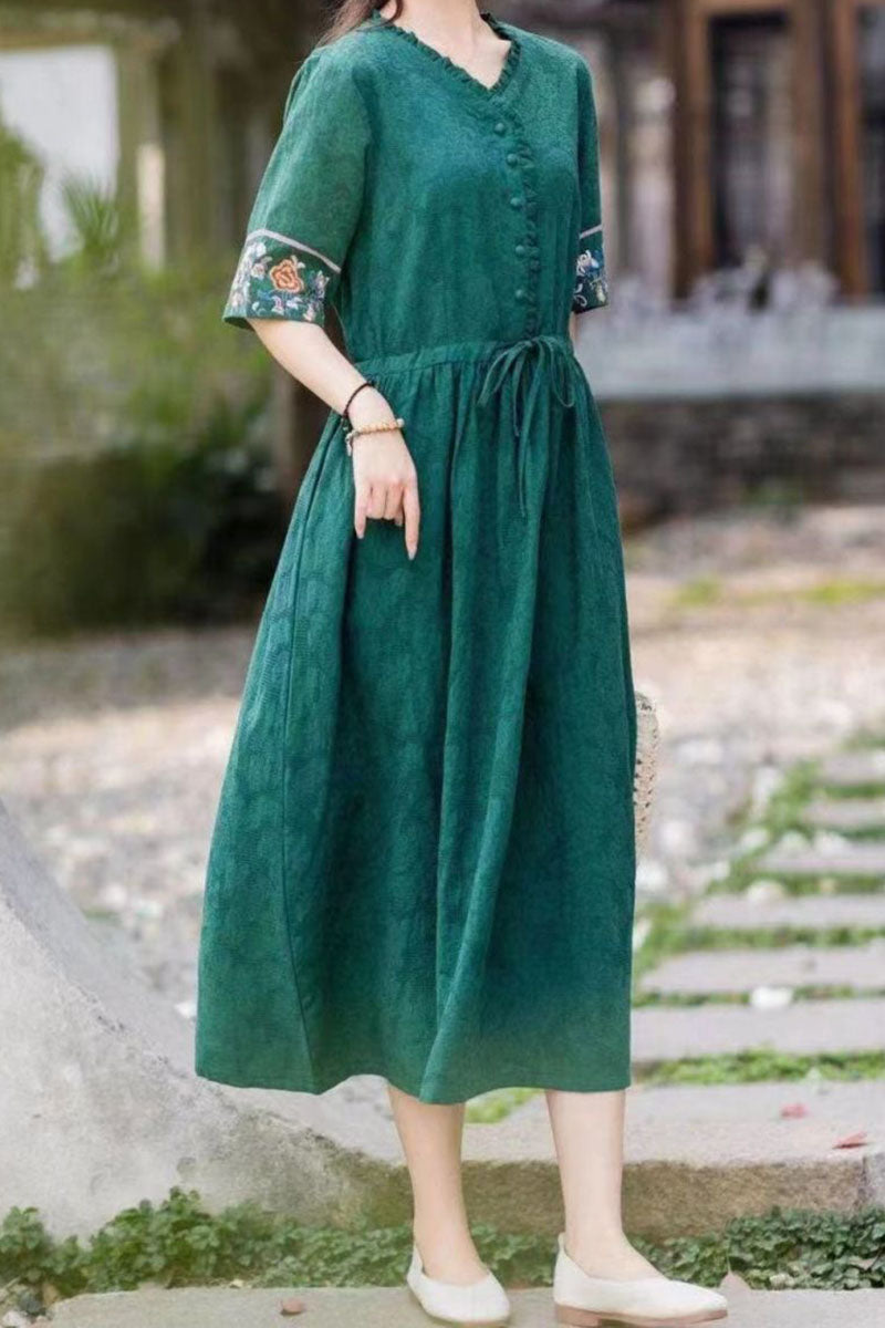 Linen V Neck Button Up Embroidery Short Sleeve Tie Up Ruched Wide Hem Casual Midi Dress