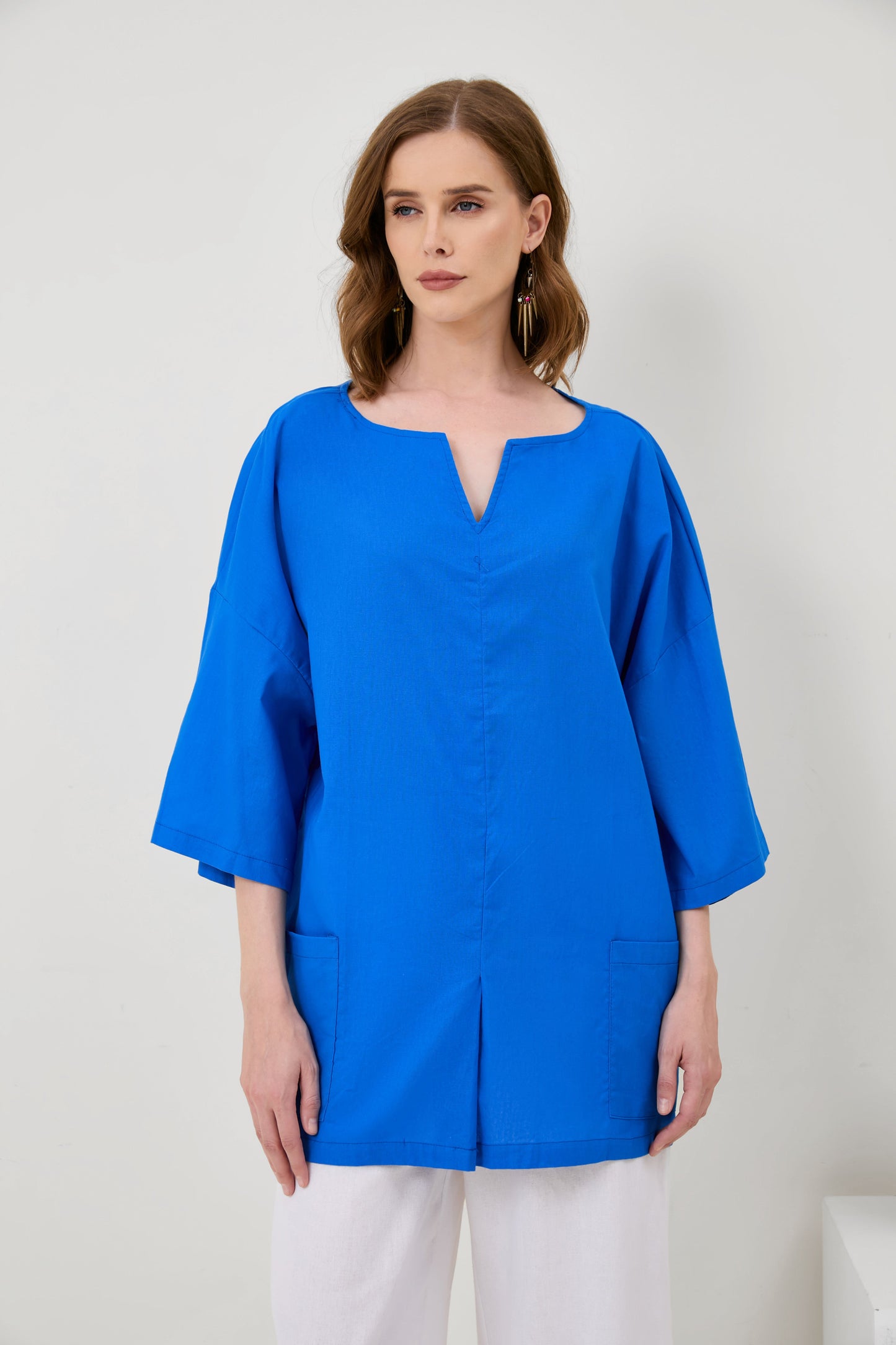 Cotton-Linen V-Neck Hem Slit Top