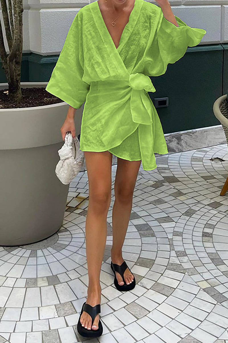 Linen V Neck Flare Sleeve Ruched Tie A-Line Hem Casual Mini Dress