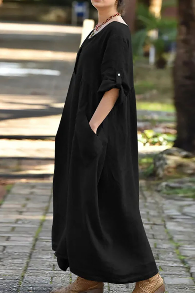 Roll Up Sleeve Irregular Neck Pocket Button Pleated Linen Maxi Dress