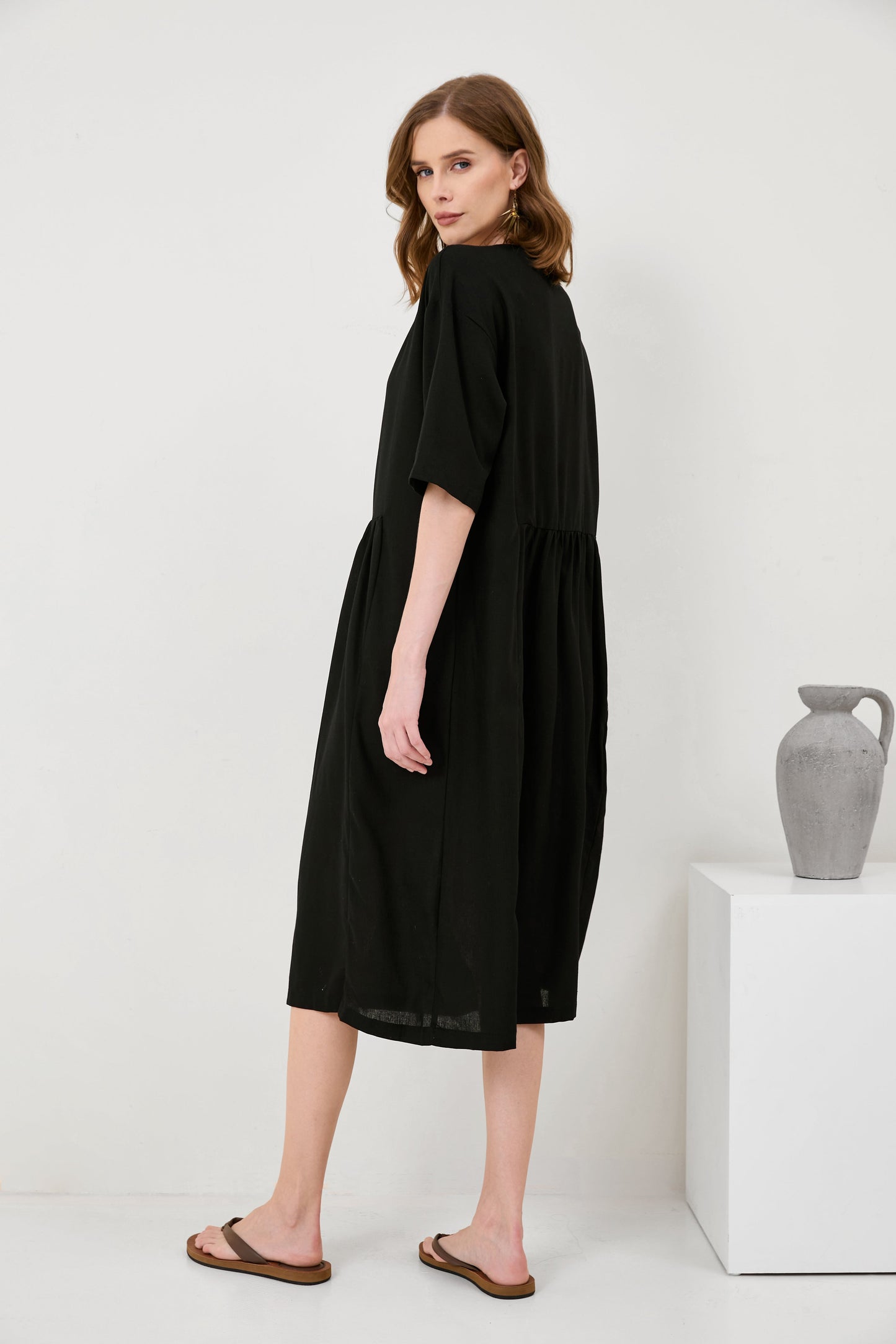 Cotton And Linen A-Line Midi Dress