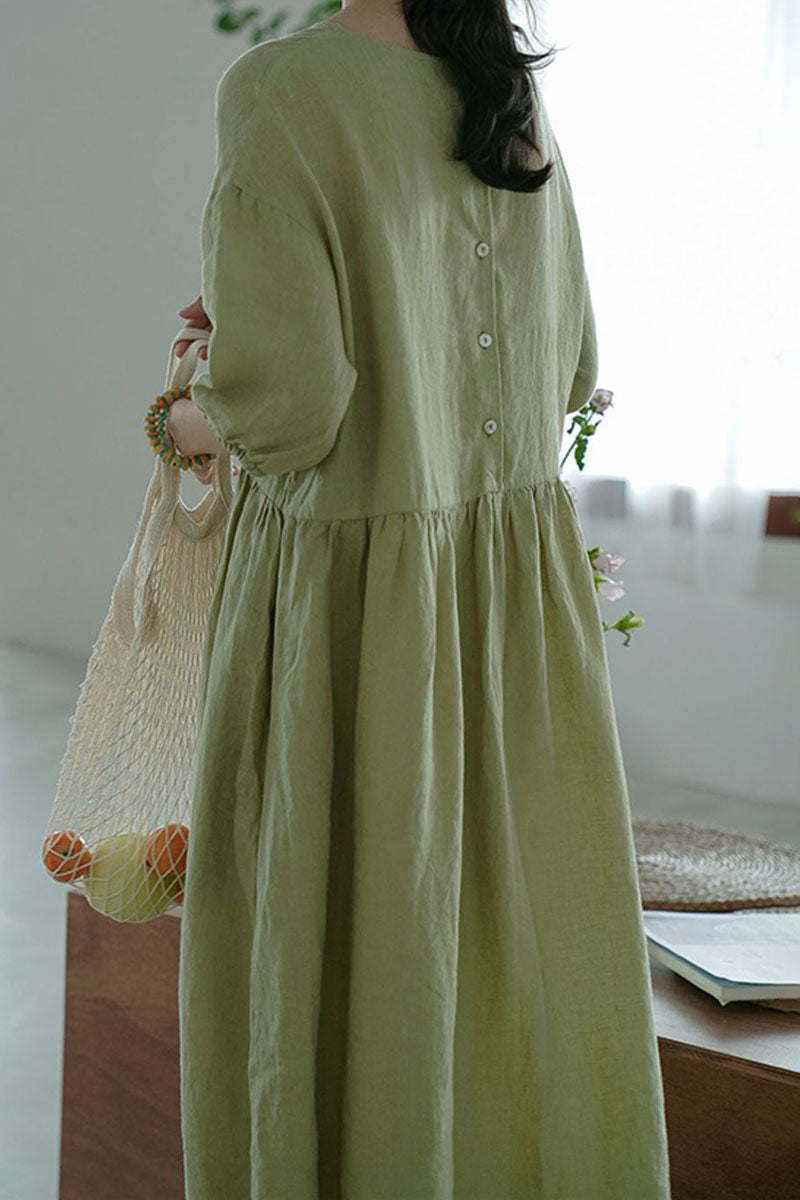 Linen Three Quarter Sleeve Round Neck Wide Hem Pleated Casual Midi Dress