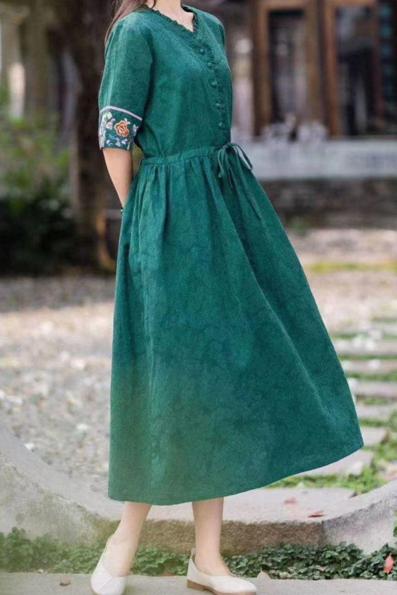 Linen V Neck Button Up Embroidery Short Sleeve Tie Up Ruched Wide Hem Casual Midi Dress