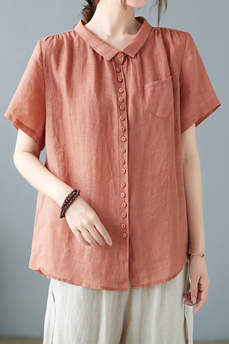 V Neck Short Sleeve Button Pocket Linen Blouse