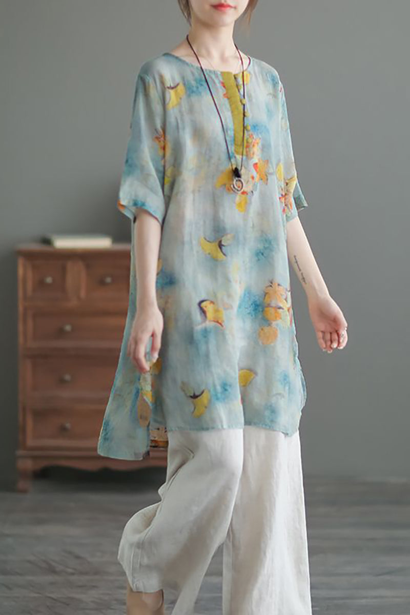 Round Neck Three Quarter Sleeve Irregular Hem Linen Top