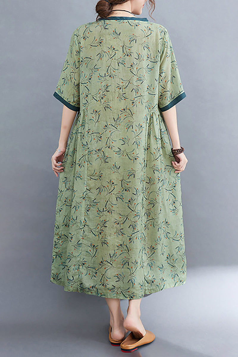 Half Sleeve V Neck Floral Print Linen Midi Dress