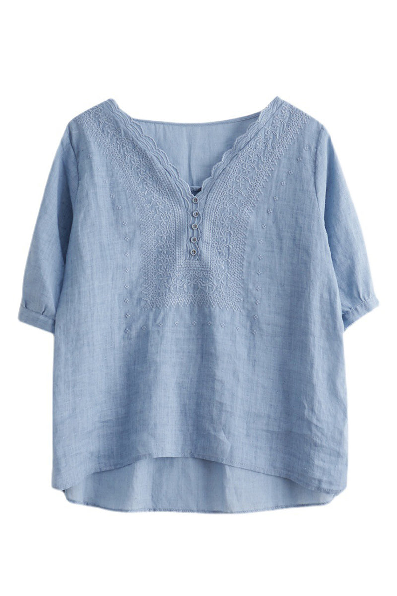 V Neck Embroidery Half Sleeve Linen Top