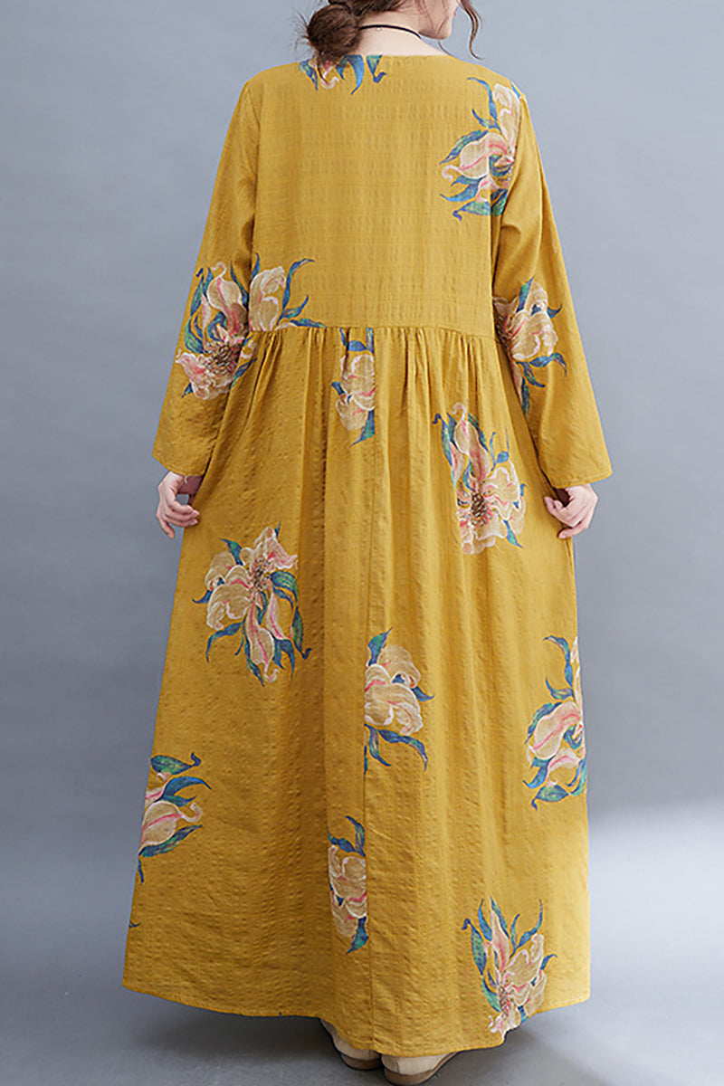 Printed Long Sleeve Round Neck Linen Maxi Dress
