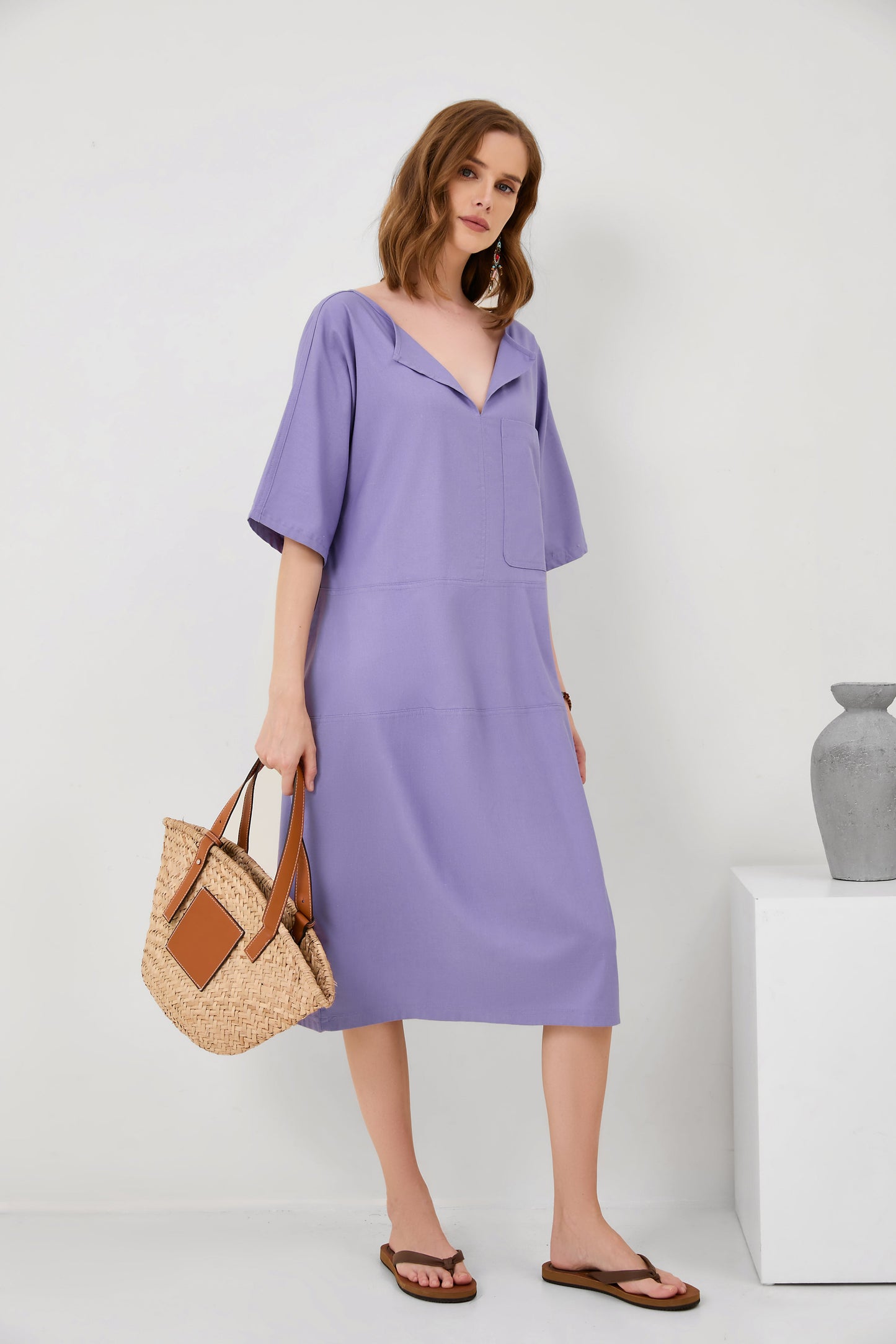 Fashion V-Neck Loose Pocket Mid-Sleeve Mid-Sleeve Cotton Linen Dress