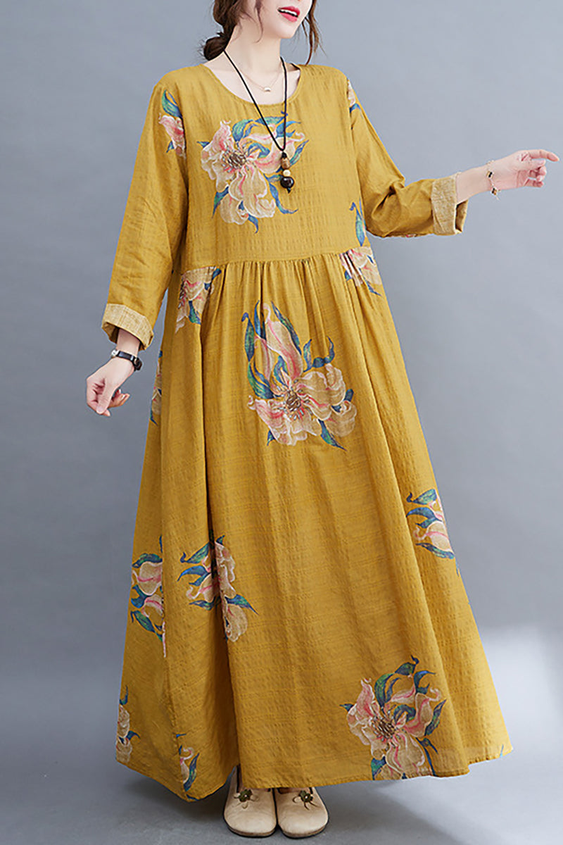 Printed Long Sleeve Round Neck Linen Maxi Dress