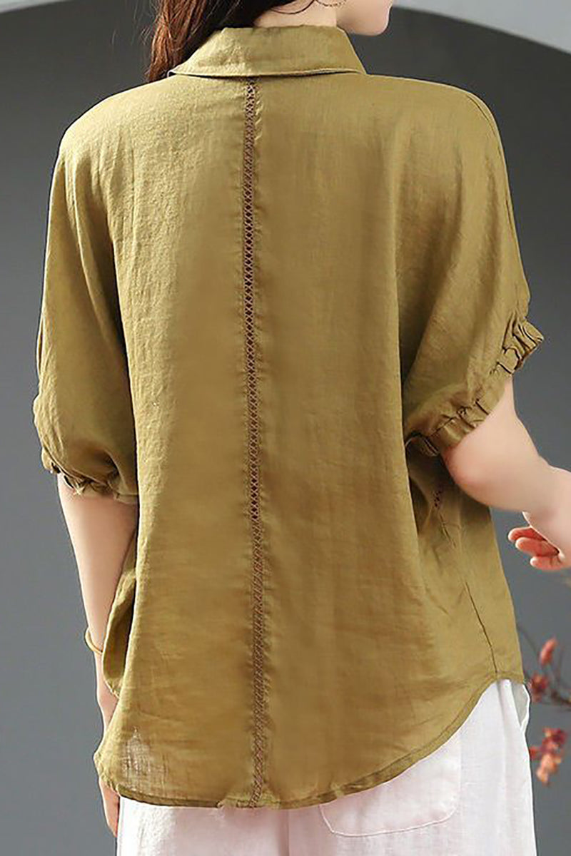 Linen Half Sleeves Turndown Collar Blouse