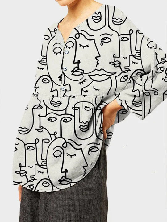 Pattern Print Long Sleeve Linen Casual Blouse