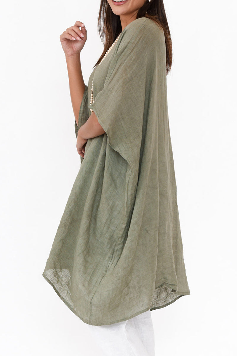 Linen Green Round Neck Bat Wing Sleeve Irregular Hem Top Pre Order