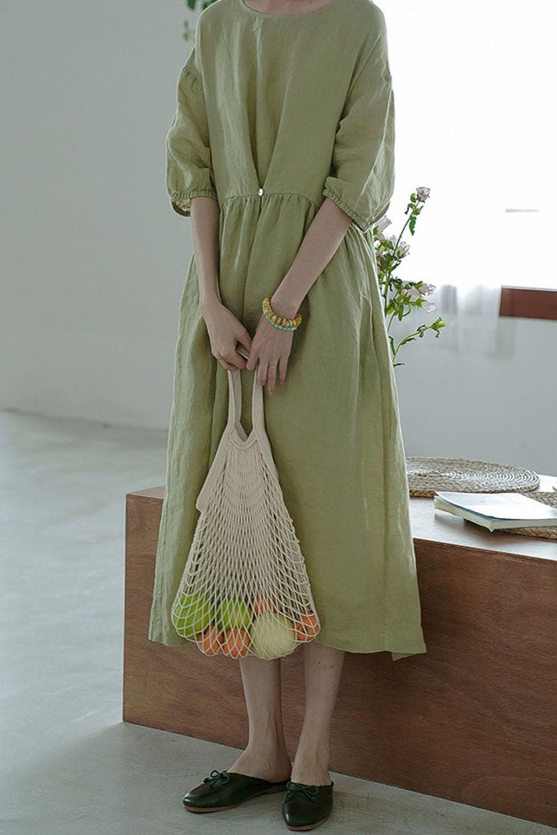 Linen Three Quarter Sleeve Round Neck Wide Hem Pleated Casual Midi Dress