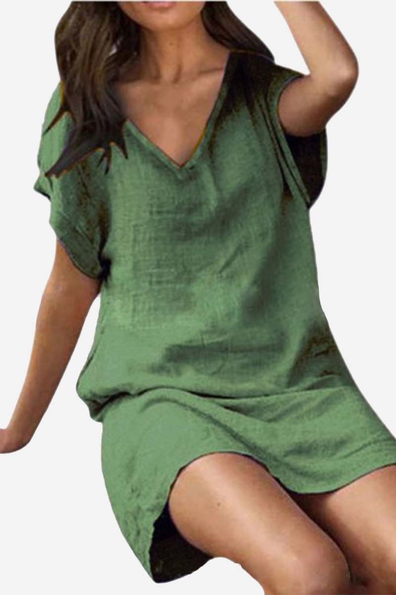 Linen V Neck Short Sleeve Loose Fit Casual Mini Dress
