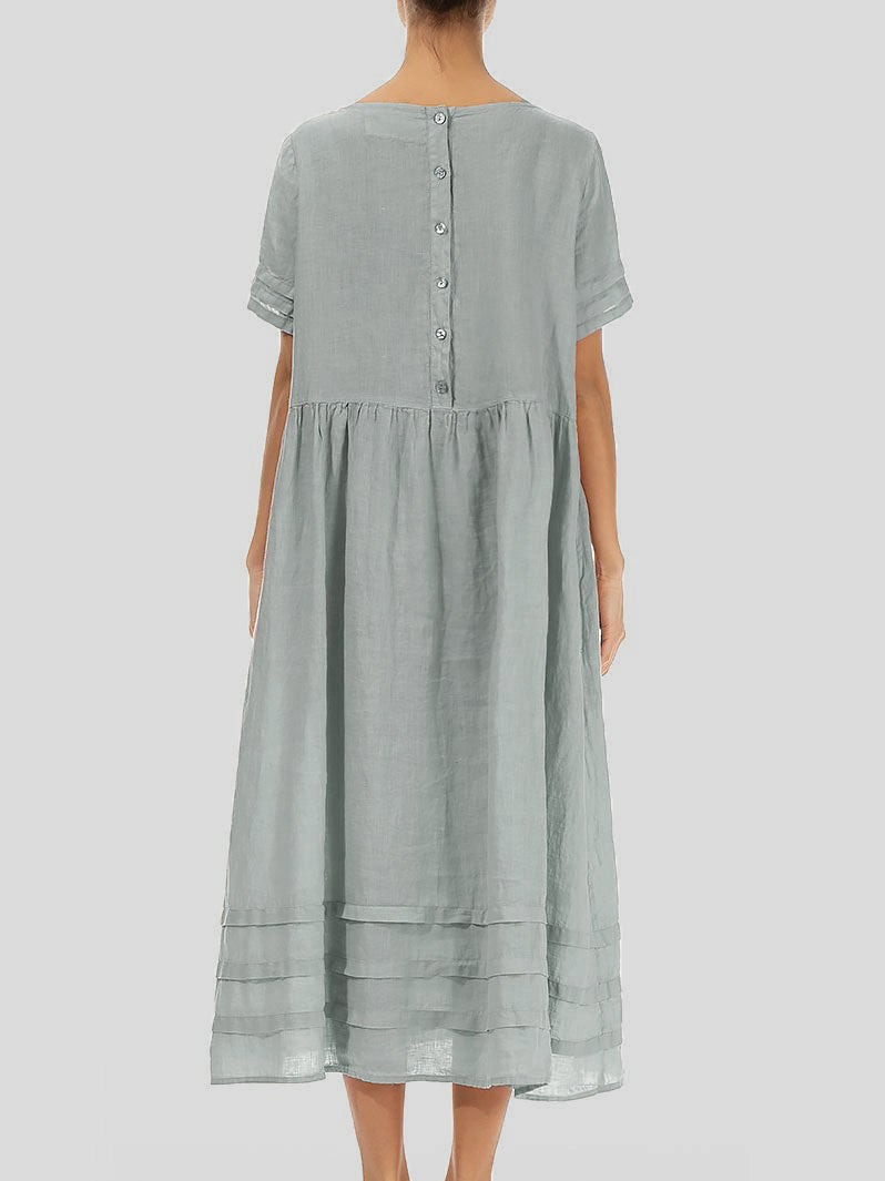Pleated Crewneck Short Sleeve Cotton-Linen Dress
