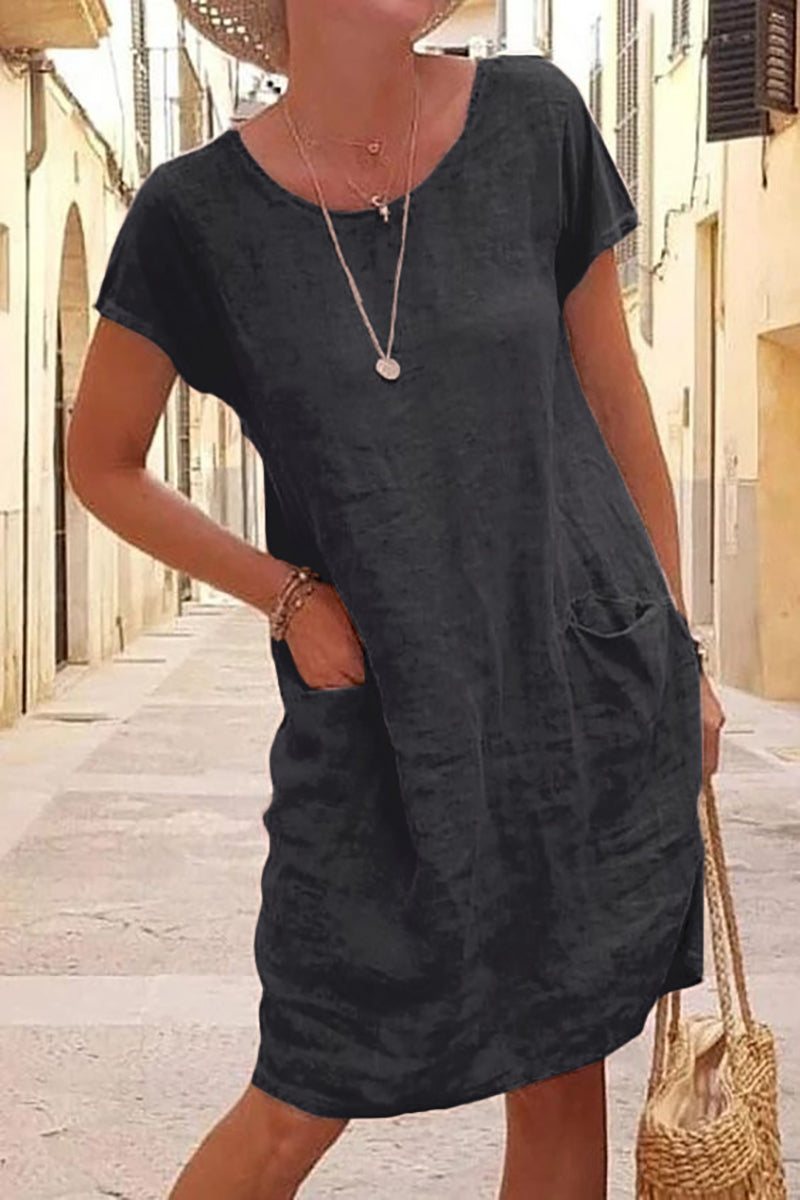 Short Sleeve Round Neck Pocket Casual Linen Mini Dress