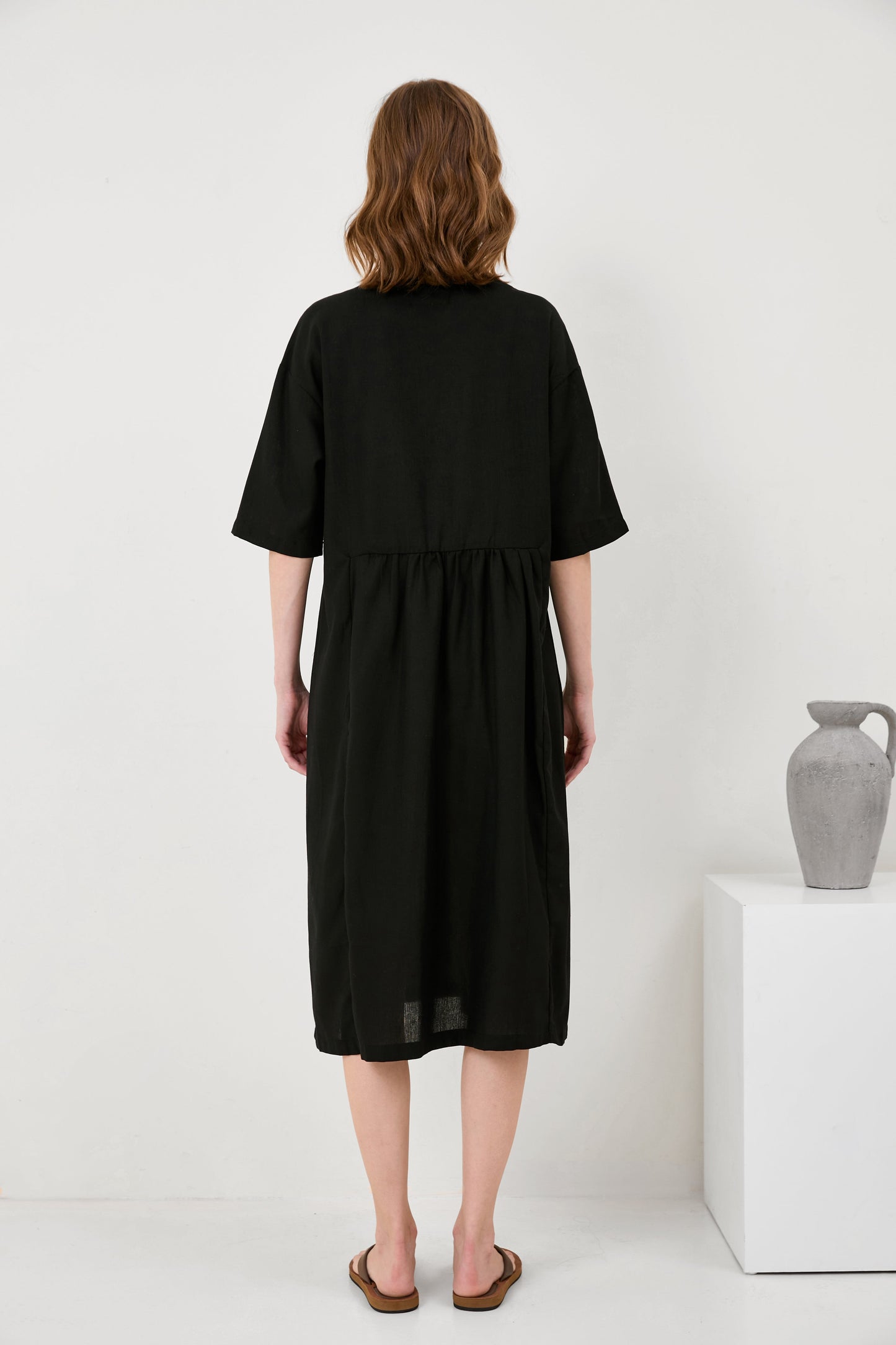 Cotton And Linen A-Line Midi Dress