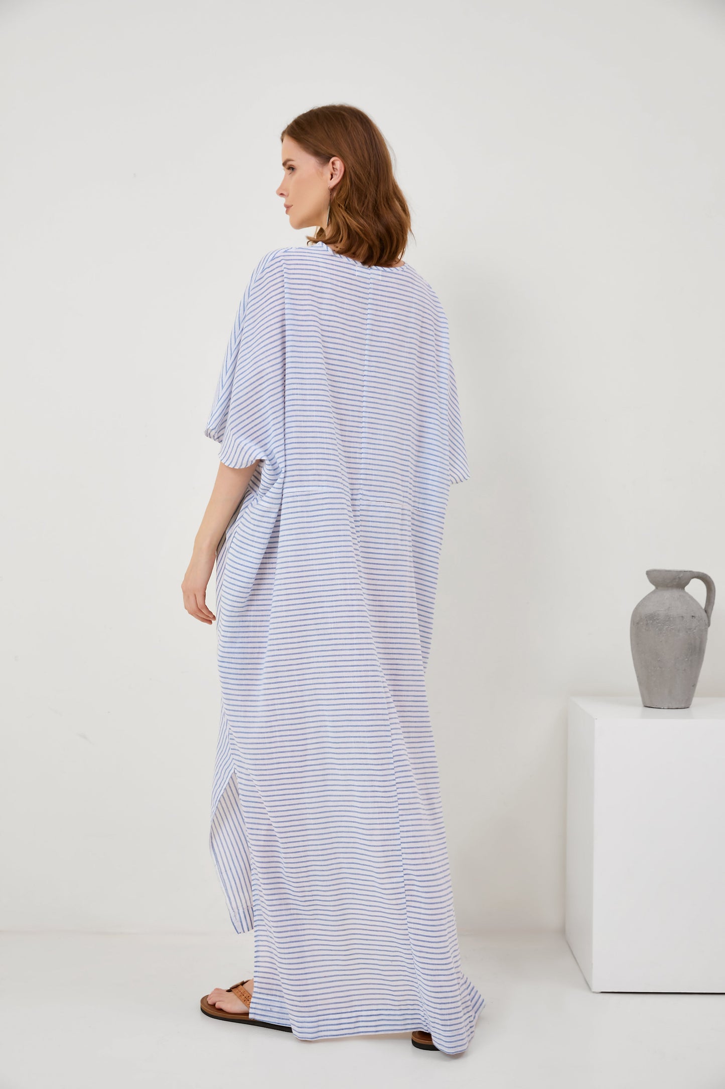 Flared Sleeve V-Neck Striped Panel Fashion Long Dress
