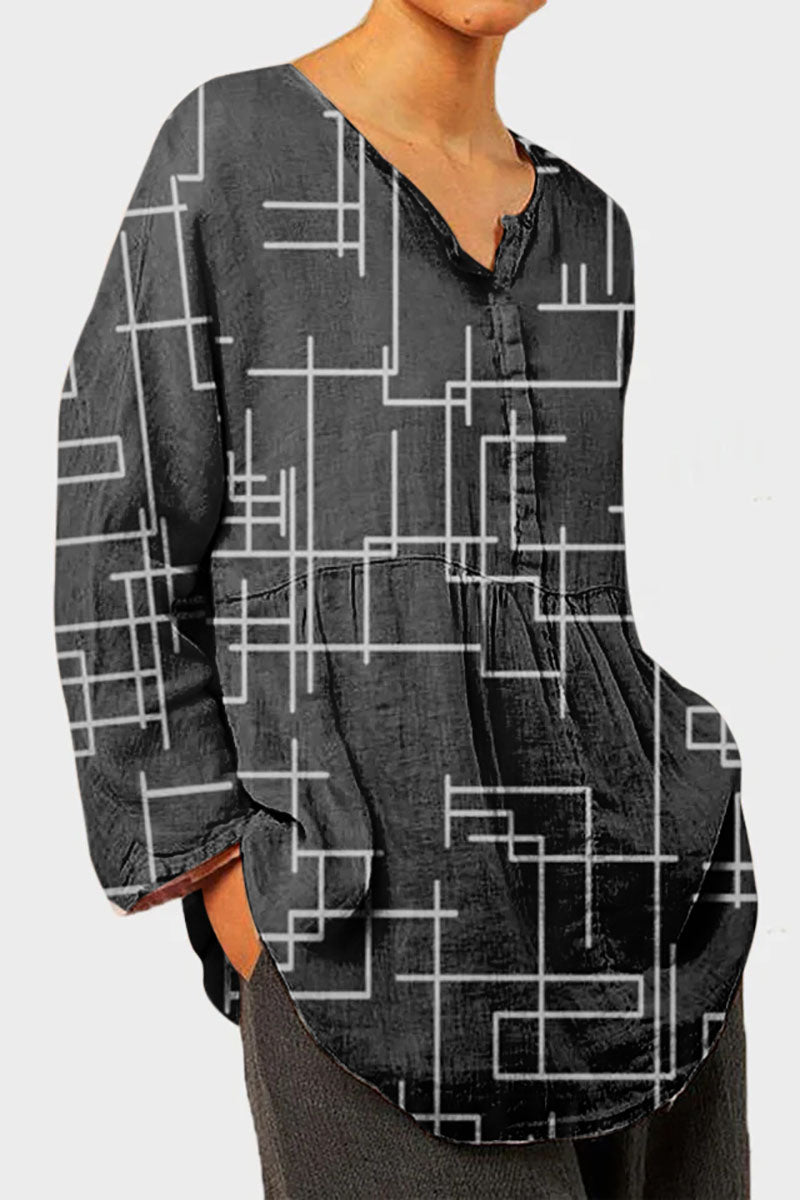 Pattern Print Long Sleeve Linen Casual Blouse
