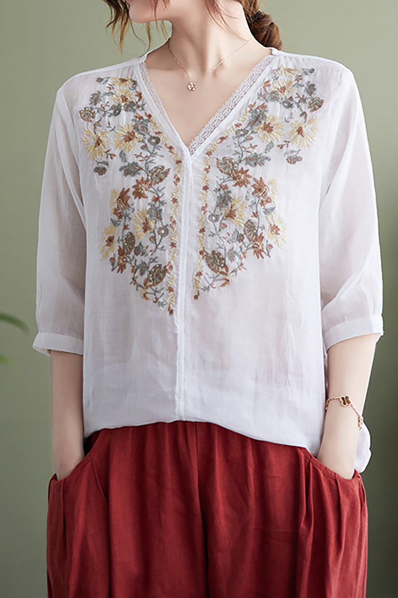 V Neck Floral Embroidery Three Quarter Sleeve Linen Top