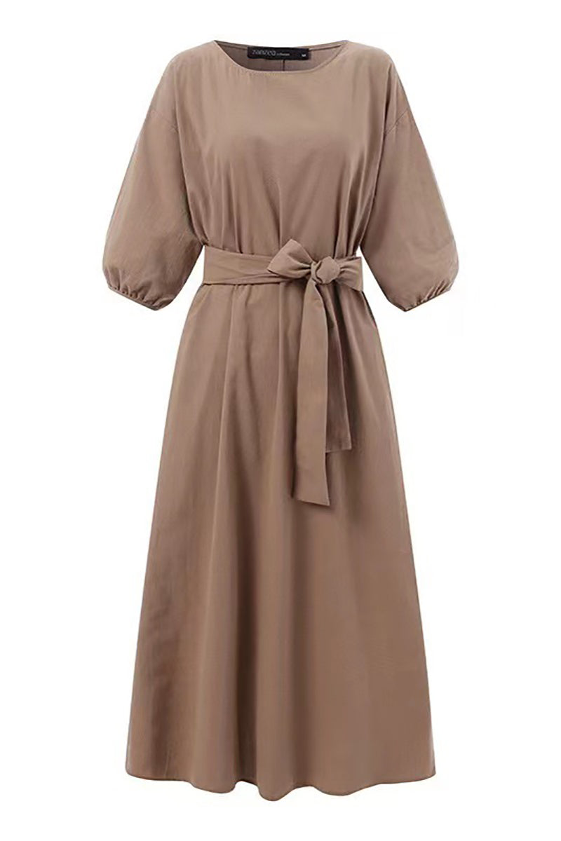 Linen Half Puffy Sleeve Tied Up Pleated Midi Dresses